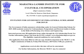 Invitation for Government of India General Scholarship for 2019-20